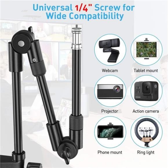 Webcam Stand Camera Mount with Phone Holder, 25 Inch Foldable Flexible Gooseneck - Picture 3 of 6